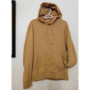 Y2K American Eagle Mens Box Logo Hoodie Sweatshirt Spell Out Tan Pullover SZ M
